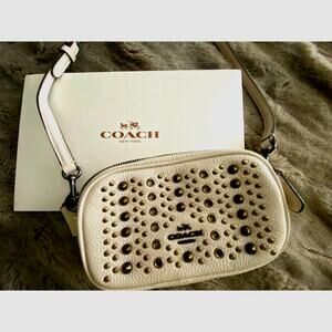 COACH PEBBLE LEATHER ALL STUD GROMMETS CROSSBODY BAG NWOT DOUBLE‎ ZIPPER SMALL